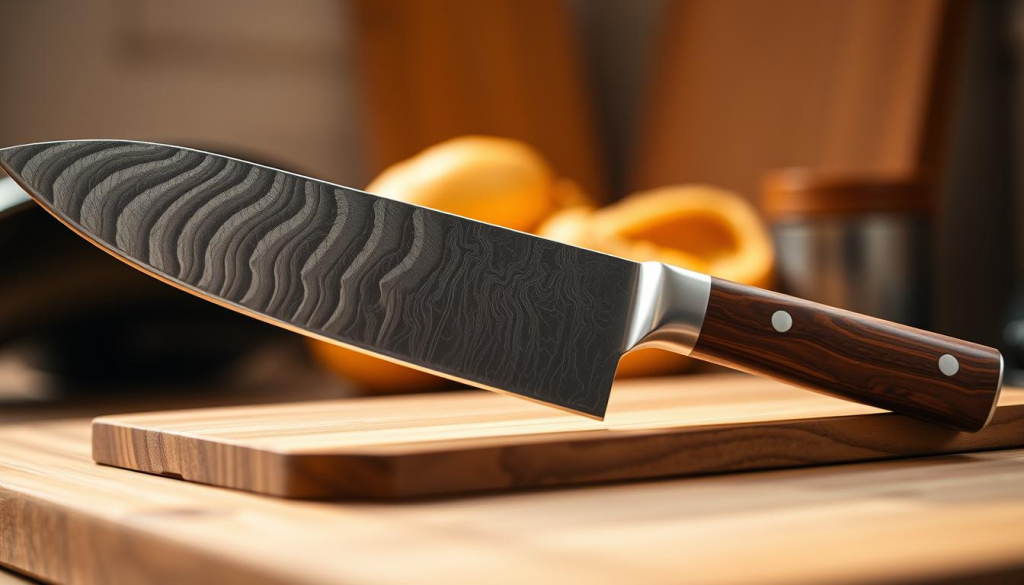 A close-up shot of a 7-inch Shun chef's knife resting on a wooden cutting board. The blade is made of high-carbon VG-MAX steel, with a distinct Damascus pattern that reflects the light. The handle is crafted from beautiful pakkawood, providing a comfortable and secure grip. The knife is positioned at a slight angle, showcasing its sleek silhouette and the exceptional craftsmanship. The scene is illuminated by warm, natural lighting, creating a cozy and inviting atmosphere. The background is slightly blurred, keeping the focus on the magnificent Shun knife, a true culinary masterpiece.