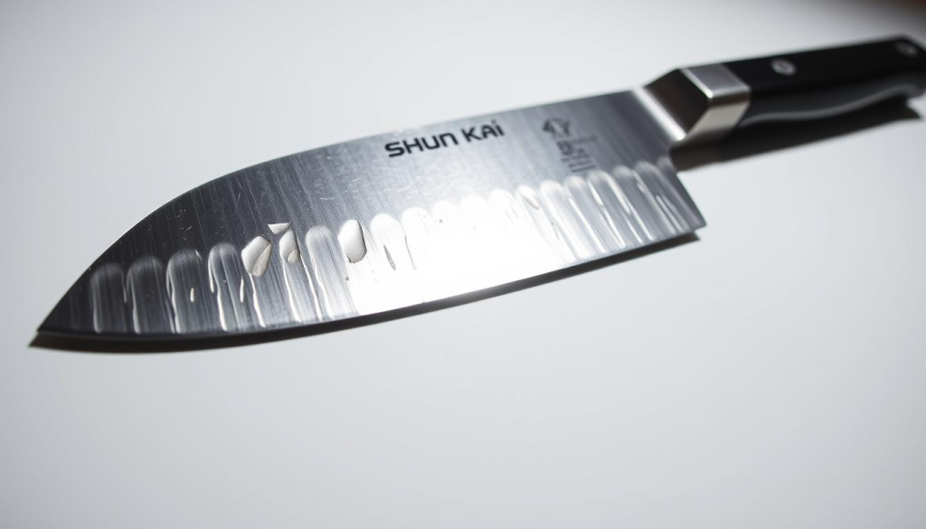 A close-up shot of a Shun Kai kitchen knife, the blade glinting under harsh studio lighting, revealing an uneven, pitted surface. The metal appears worn and dull, a stark contrast to the sleek, pristine image often associated with this brand. The knife lies on a plain, white background, emphasizing its flawed construction and lack of durability. The angle and lighting create deep shadows, conveying a sense of disappointment and disillusionment with the perceived quality of this high-end culinary tool. This image aims to visually encapsulate the common complaints about the Shun Kai brand, as discussed by Reddit users.
