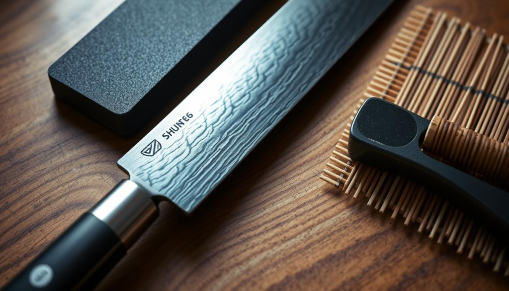A close-up shot of a Shun Knife 6 being carefully maintained on a wooden kitchen counter. The blade is gleaming, having just been honed and polished to a razor-sharp edge. Beside it, a set of specialized sharpening tools - a whetstone, a honing steel, and a bamboo mat for a secure grip. Soft, diffused lighting illuminates the scene, creating a serene, almost meditative atmosphere. The knife's elegant, Damascus-patterned steel and the natural wood tones blend harmoniously, highlighting the Japanese craftsmanship and the dedication required to preserve the knife's exceptional performance.