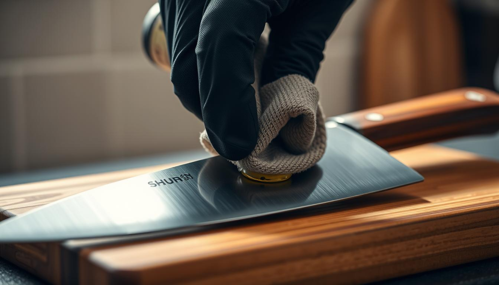A close-up shot of a Shun chef's knife being carefully maintained. The blade is glistening as a gloved hand applies a thin layer of Shun knife oil, gently buffing it into the steel with a soft cloth. The knife rests on a wooden cutting board, its handle made of beautiful, finely-grained pakkawood. Soft, indirect lighting from above casts a warm, focused glow on the scene, highlighting the knife's sharp, precise edges. The background is blurred, creating a sense of depth and placing the viewer's attention squarely on the knife maintenance process. The overall mood is one of reverence and attention to detail, befitting the high-quality craftsmanship of a Shun blade.