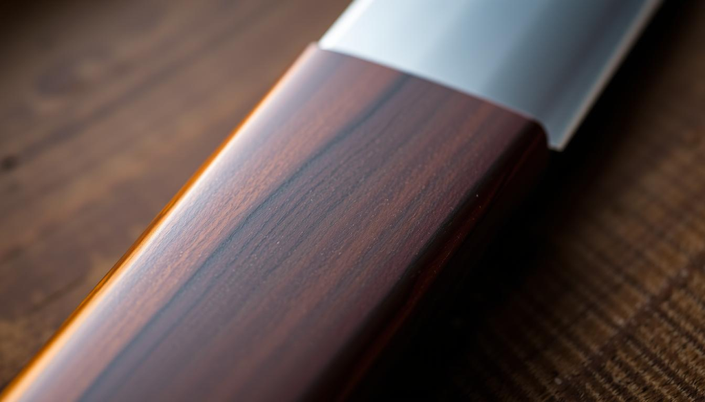 A close-up shot of a Shun chef's knife handle, showcasing its intricate craftsmanship and attention to detail. The handle is made of dark, lustrous hardwood, its surface polished to a smooth, satin-like finish. Subtle grains and patterns run through the wood, adding depth and character. The handle is meticulously shaped, with a comfortable, ergonomic curve that fits the hand naturally. Soft, indirect lighting casts warm, golden hues on the handle, highlighting its rich, textured surface. The image conveys a sense of quality, precision, and the care and dedication put into the creation of this premium kitchen tool.