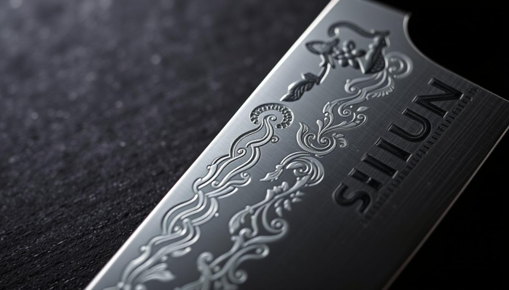 A close-up shot of a Shun chef's knife, its blade meticulously engraved with intricate designs. The engraving is precise and delicate, showcasing the skilled craftsmanship of the artisan. The knife is placed on a dark, moody background, with soft, dramatic lighting casting shadows that accentuate the details of the engraving. The image conveys a sense of precision, elegance, and the passion of the chef who would wield this custom-designed blade.