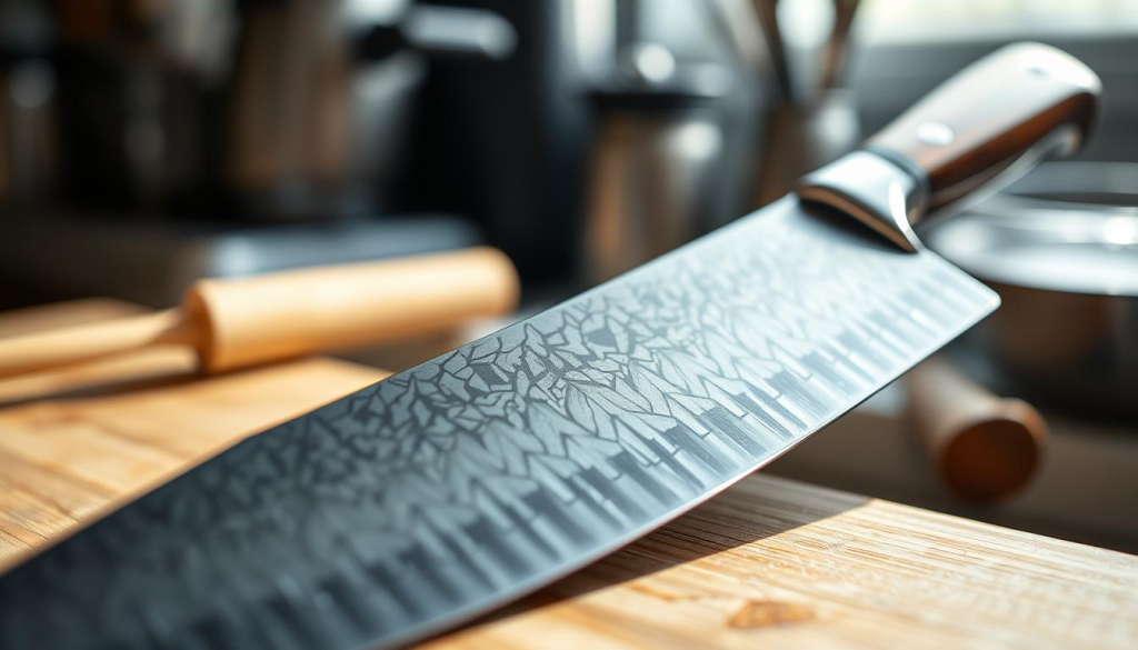 A close-up shot of a Shun chef's knife resting on a wooden cutting board, illuminated by soft, natural lighting. The blade gleams with a sharp, polished edge, while the distinctive Damascus steel pattern reflects the surroundings. The knife's ergonomic handle, crafted from premium materials, suggests a blend of functionality and elegance. In the background, a subtle blur of kitchen appliances and utensils, hinting at the knife's practical application in a culinary setting. The overall composition conveys a sense of quality, attention to detail, and the user's satisfaction with the Shun knife's performance.
