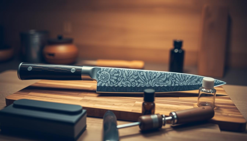 A close-up shot of a Shun chef's knife resting on a wooden cutting board, its gleaming blade reflecting the soft lighting. In the foreground, various knife care tools are neatly arranged, including a sharpening stone, honing rod, and a small bottle of knife oil. The middle ground showcases the knife's intricate Damascus pattern, while the background features a minimalist, warm-toned kitchen setting, creating a serene, professional atmosphere. The lighting is subtle, highlighting the knife's craftsmanship and the importance of proper maintenance for these high-quality culinary tools.