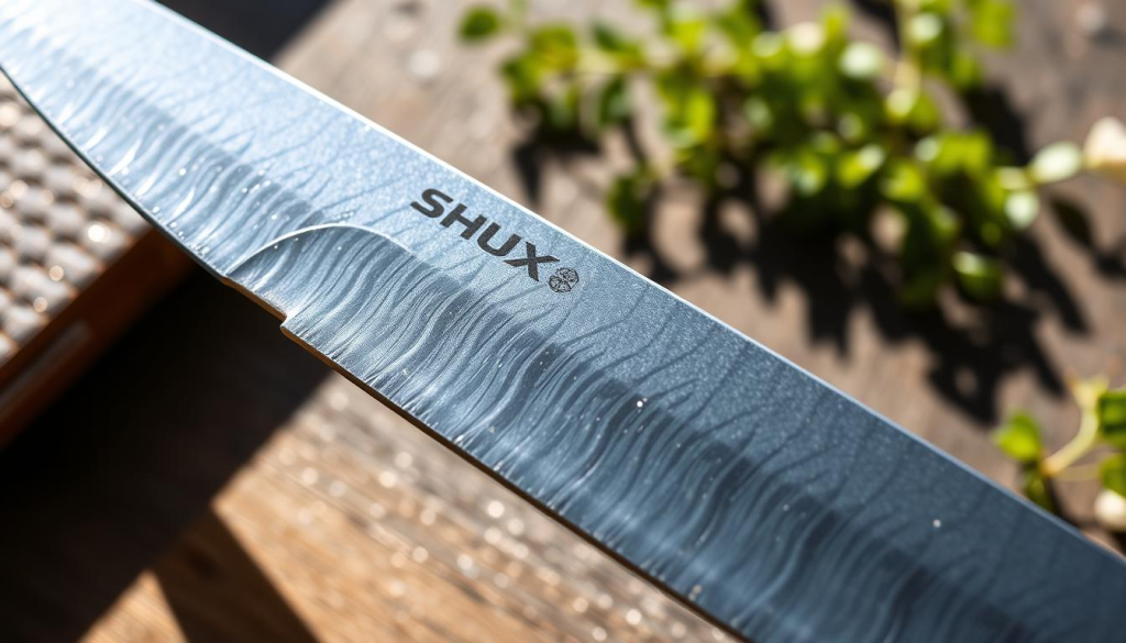 A close-up shot of a Shun fish knife, showcasing its key features. The blade is made of high-carbon, stainless steel, with a razor-sharp edge and a distinct, elegant curve. The handle is crafted from pakkawood, with a traditional Japanese design and a comfortable, ergonomic grip. Sunlight gently illuminates the knife, highlighting the intricate Damascus patterns on the blade. The composition emphasizes the knife's precision, functionality, and attention to detail, capturing the essence of a Shun fish knife as a master tool for preparing delicate seafood.