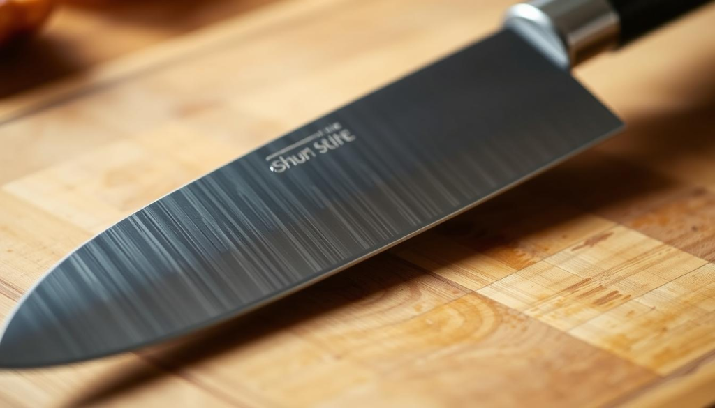 A close-up shot of a Shun kitchen knife with a razor-sharp, high-carbon stainless steel blade. The knife is resting on a wooden cutting board, highlighting its sleek and sophisticated design. The lighting is soft and diffused, creating a warm and inviting atmosphere. The background is slightly blurred, drawing the viewer's attention to the knife's intricate details, such as the subtle Damascus pattern and the comfortable, ergonomic handle. The image conveys the knife's precision, durability, and suitability for meticulously cutting through various meats, emphasizing its role as a versatile tool in the "Caring for Your Shun Knife" section of the article.