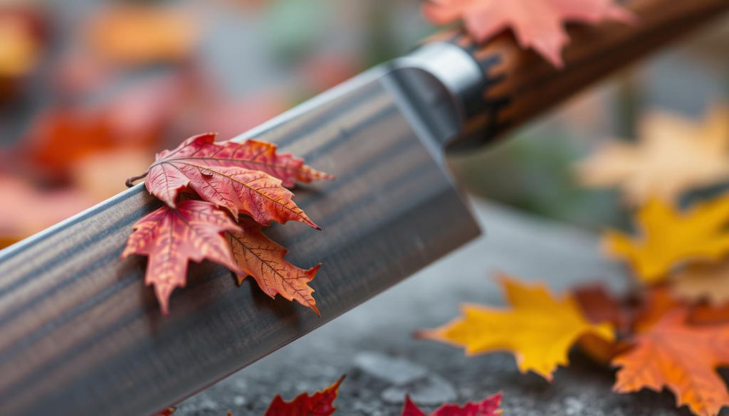 A close-up shot of a Shun knife handle in a seasonal setting. The handle is made of rich, dark wood, its intricate grain patterns visible in the soft, diffused lighting. In the foreground, fallen autumn leaves in shades of red, orange, and yellow are scattered across the handle, creating a warm, autumnal atmosphere. The background is blurred, suggesting an outdoor environment with a hint of greenery. The image conveys the importance of caring for the Shun knife handle during the changing seasons to maintain its beauty and performance.