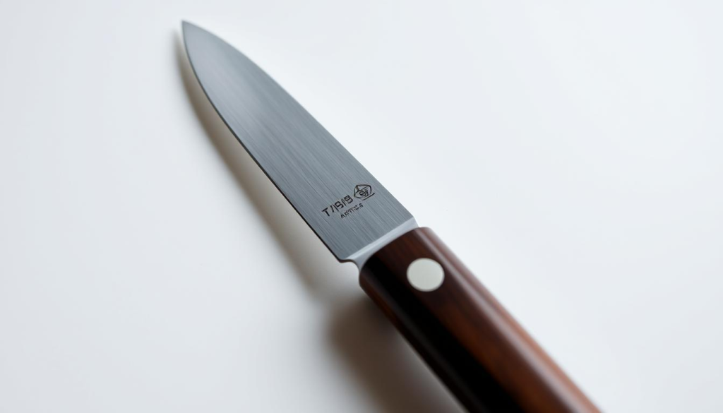 A close-up shot of a high-quality Aritsugu petty knife, meticulously crafted with a sharp, single-beveled blade and a traditional Japanese-style wooden handle. The knife is positioned on a clean, minimalist background, allowing its elegant design and craftsmanship to be the focal point. The lighting is soft and directional, highlighting the knife's sheen and intricate details. The overall mood is one of refined simplicity, showcasing the utility and precision of this essential kitchen tool.