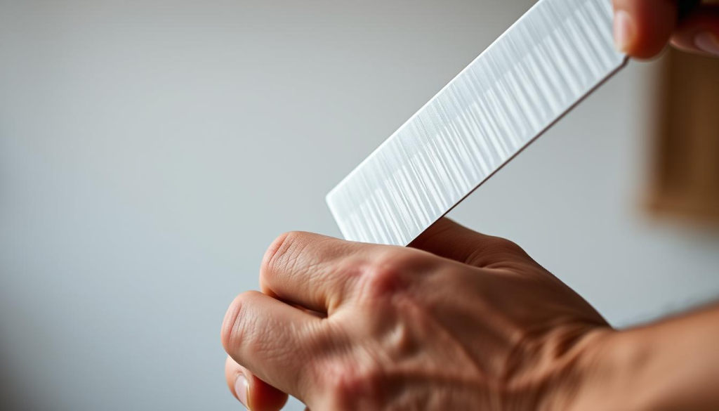 A close-up shot of a person's hands carefully holding a Shun 7-inch chef's knife, the blade gleaming under soft, diffused lighting. The knife is gripped firmly yet delicately, with the index finger resting along the spine for stability and control. The background is blurred, but suggests a clean, minimalist kitchen setting, emphasizing the focus on the knife-handling technique. The overall mood is one of precision, safety, and respect for the high-quality, durable Japanese blade.