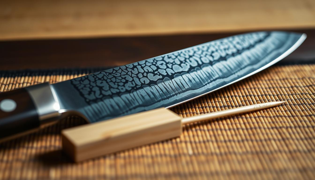 A close-up shot of a polished Aritsugu chef's knife resting on a traditional Japanese tatami mat. The blade reflects the soft, warm lighting of the scene, highlighting its razor-sharp edge and intricate Damascus-patterned steel. In the foreground, a small wooden sharpening stone and a high-quality Japanese honing rod sit alongside the knife, conveying the meticulous care required to maintain these exceptional culinary tools. The muted, earthy tones of the background evoke a sense of timeless craftsmanship and centuries-old traditions upheld by Aritsugu's master artisans.