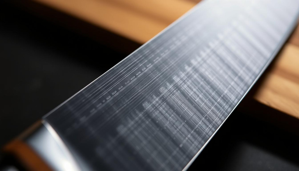 A close-up shot of a razor-sharp Shun Kaji Japanese chef's knife, its gleaming steel blade reflecting the light in a crisp, high-contrast image. The knife is angled slightly, highlighting the clean, precise edge that appears capable of effortlessly slicing through the toughest ingredients. The background is blurred, keeping the focus squarely on the knife's exceptional craftsmanship and remarkable sharpness. The image conveys a sense of quality, precision, and the superior performance that defines the Shun Kaji brand of knives.