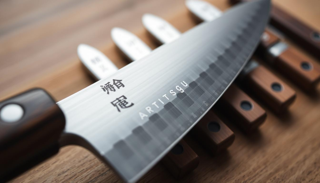 A close-up shot of an Aritsugu knife, its blade glistening under soft, even lighting. The handle is made of dark, weathered wood, with the iconic Aritsugu kanji characters etched into the surface. In the background, a series of smaller Aritsugu knives are neatly arranged, showcasing the variety of the brand's offerings. The image conveys a sense of precision, care, and the artisanal heritage of the Aritsugu brand. The overall atmosphere is one of reverence and attention to detail, reflecting the importance of proper knife maintenance.