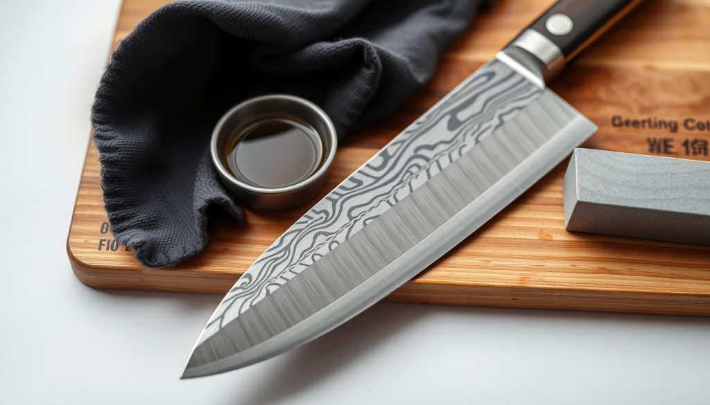 A close-up shot of an Aritsugu knife resting on a wooden cutting board, with a clean, well-lit studio background. The knife's blade is prominently featured, displaying its sharp, polished edge and intricate forged patterns. Nearby, a soft cloth, a small bowl of oil, and a sharpening stone are arranged neatly, suggesting the tools and materials needed for proper knife care. The lighting is soft and natural, highlighting the knife's elegant curves and the warm, wooden tones of the board. The overall mood is one of reverence and attention to detail, reflecting the craftsmanship and maintenance required for an Aritsugu knife.