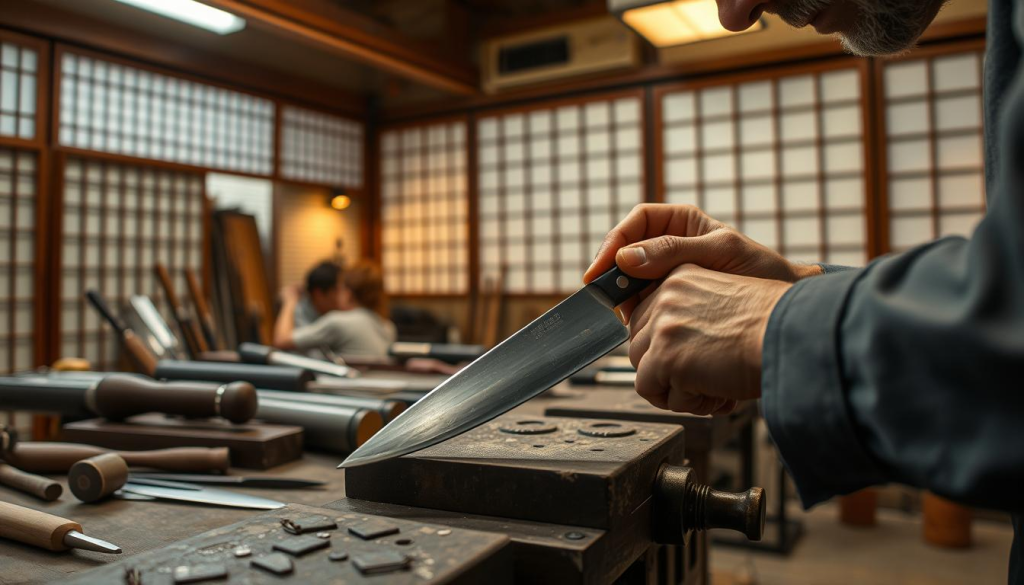A close-up view of a Japanese master bladesmith's workstation, showcasing the intricate craftsmanship behind Aritsugu's precision kitchen knives. In the foreground, a skilled artisan's hands meticulously shaping and honing a flawless blade, the steel catching the warm glow of a focused task light. The middle ground features an array of specialized tools, including hammers, files, and whetstones, arranged with care and purpose. The background setting is a traditional Japanese workshop, with wooden beams and sliding shoji screens, conveying a sense of timeless, artisanal elegance. The scene exudes a meditative atmosphere, highlighting the dedication and mastery required to create Aritsugu's legendary blades.