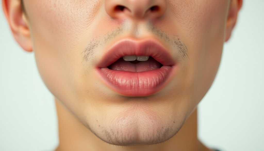 A close-up view of a Portuguese person's mouth pronouncing the word "faca", which means "knife" in Portuguese. The lips are slightly parted, the tongue is visible, and the facial expression conveys a neutral, focused demeanor. The image has a soft, natural lighting that highlights the intricate details of the oral cavity, creating a sense of intimacy and clarity. The background is blurred, placing the emphasis entirely on the pronunciation demonstration. The overall mood is educational and informative, capturing the essence of how to correctly pronounce this important Portuguese word.