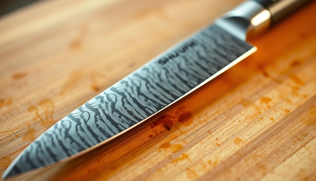 A close-up view of a Shun Knife 6, its razor-sharp blade glistening under the warm lighting. The knife is resting on a clean, wooden cutting board, ready to showcase its precision and efficiency. The frame is tightly focused, emphasizing the intricate details of the blade's Damascus pattern and the ergonomic handle. The background is blurred, drawing the viewer's attention solely to the knife's form and function. The overall scene conveys a sense of high-quality craftsmanship, making it the ultimate kitchen companion.