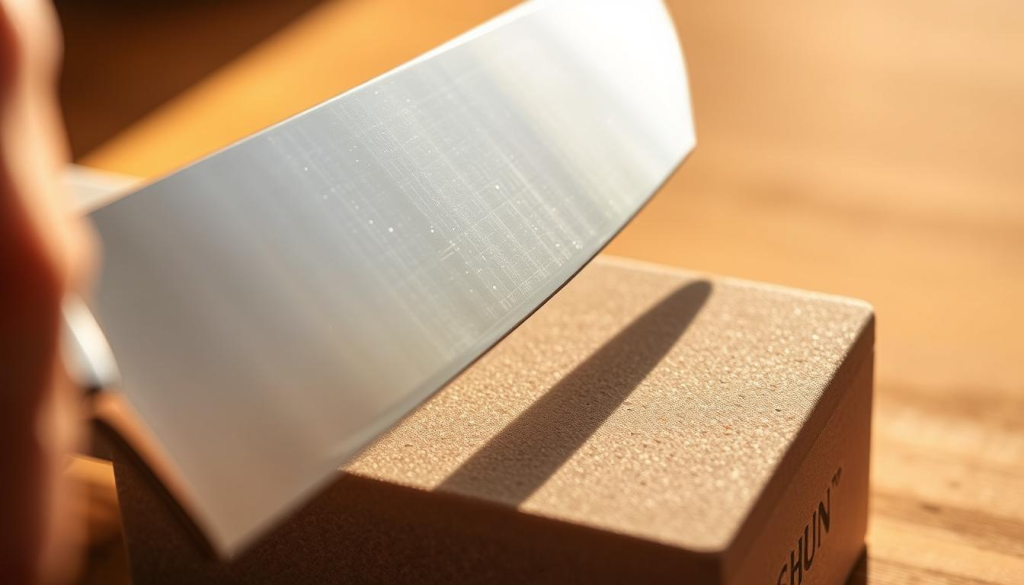 A close-up view of a Shun chef's knife being sharpened on a sharpening stone, showcasing the precise 16-degree edge angle. The knife is held at a shallow angle, the blade gliding smoothly across the fine-grained whetstone. Warm, natural lighting illuminates the scene, highlighting the razor-sharp edge and the skilled hand guiding the blade. The background is blurred, keeping the focus on the intricate sharpening technique. The image conveys a sense of craftsmanship, precision, and the importance of properly maintaining a Shun knife's optimal cutting edge.