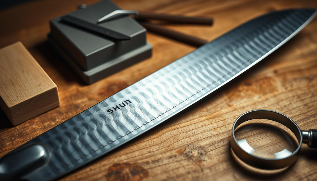 A close-up view of a Shun chef's knife, its razor-sharp edge gleaming under bright studio lighting. The blade sits atop a wooden workbench, surrounded by sharpening stones, a honing rod, and a magnifying glass, all the tools needed for meticulous edge angle maintenance. The knife's subtle Damascus pattern and elegant Japanese-inspired design evoke a sense of precision and craftsmanship. The image conveys the importance of proper care and attention to detail in keeping a Shun knife's edge in peak condition, ready to deliver the razor-sharp performance that defines the Shun brand.