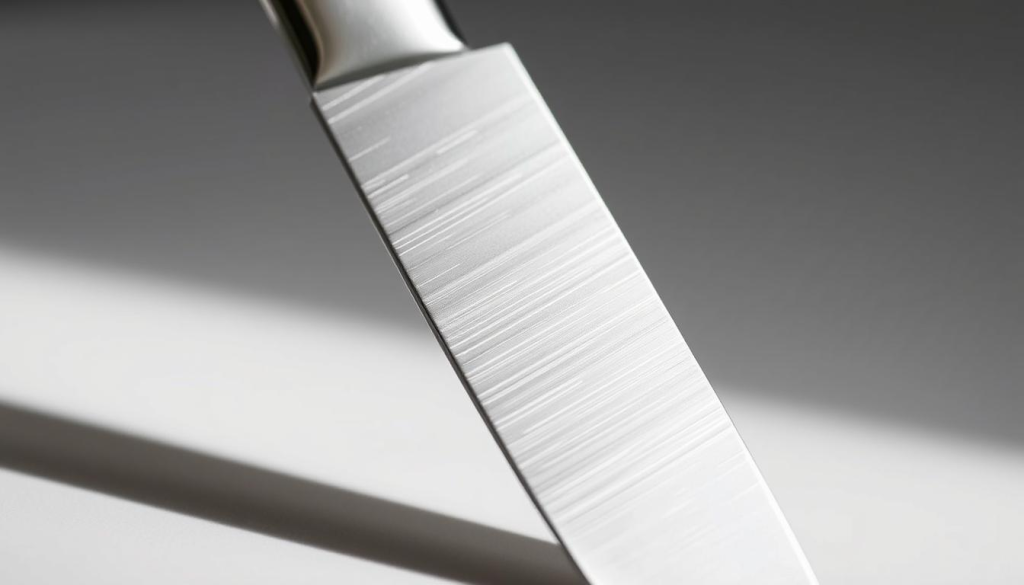 A close-up view of a Shun knife blade, showcasing the precise grind angle. The blade is positioned against a clean, minimalist backdrop, allowing the intricate details and geometry of the edge to be the focus. Soft, directional lighting accentuates the blade's sleek, polished surface, creating subtle highlights and shadows that illustrate the ideal sharpening angle. The composition is carefully balanced, with the blade angled slightly to reveal the precise bevel and taper. The overall mood is one of technical precision and attention to detail, reflecting the importance of selecting the correct grind angle for optimal Shun knife performance.