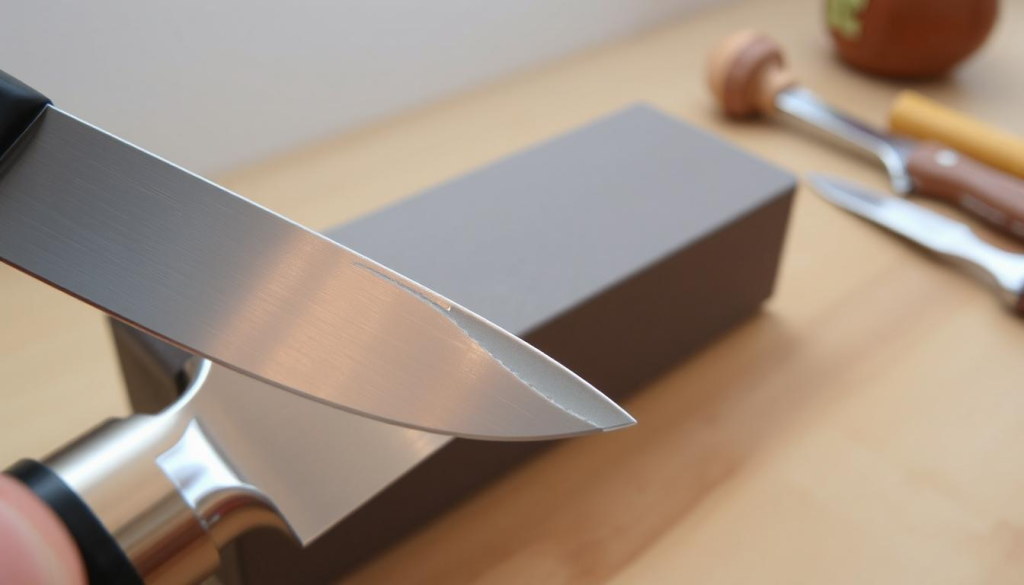 A close-up view of a Shun knife edge undergoing careful repair. In the foreground, the sharp blade is held steady, its polished steel gleaming under soft, diffused lighting. The middle ground showcases a sharpening stone, its gritty surface in contrast with the knife's refined edge. In the background, a serene workspace with subtle hints of wood and metal, creating a calming atmosphere for this delicate task. The scene conveys the precise, methodical process of maintaining a Shun knife's pristine cutting edge, essential for elevating the home chef's cooking experience.