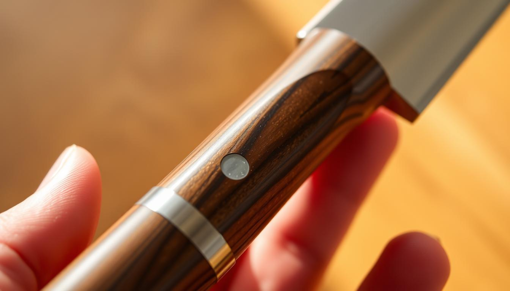 A close-up view of a Shun knife handle, showcasing its intricate design and textured grip. The handle is crafted from a rich, dark-grained wood, with a polished, ergonomic shape that fits comfortably in the hand. Subtle details, such as the flowing wood grain and the gleam of the metal bolster, create a sense of refined craftsmanship. The image is captured in warm, natural lighting, emphasizing the handle's tactile and visual appeal. The camera angle is slightly angled, drawing the viewer's attention to the handle's contours and the way it nestles in the palm, conveying a sense of enhanced grip and control.