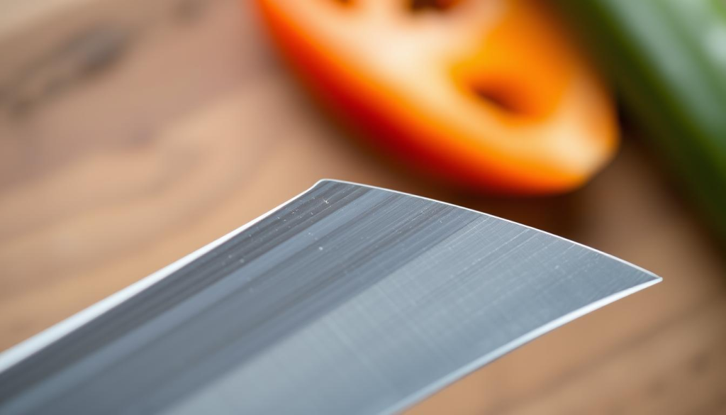 A close-up view of a Shun knife's edge, illuminated by soft, natural lighting. The razor-sharp, precisely angled blade gleams, showcasing the meticulous craftsmanship. The edge transitions seamlessly from the knife's spine, tapering to a keen, surgical precision. The blade's profile is captured at an angle that highlights the distinct bevel, providing a clear visual representation of the standard edge geometry used in Shun's renowned knives. The background is blurred, allowing the knife's edge to be the central focus, emphasizing its impeccable form and function.