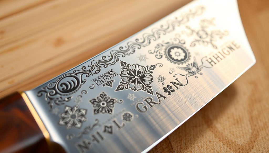 A close-up view of a beautifully engraved Shun kitchen knife, showcasing intricate, custom-designed patterns and motifs. The blade's surface reflects warm, directional lighting, highlighting the depth and details of the engraving. The handle, crafted from high-quality wood, complements the elegant design, creating a harmonious and visually stunning composition. The image captures the essence of personalization, where the knife's owner's unique style and preferences are meticulously expressed through the exquisite engraving work.