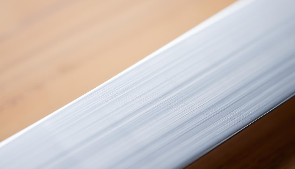 A close-up view of a razor-sharp Shun knife edge, its meticulously honed bevel gleaming under soft, directional lighting. The edge appears almost impossibly thin, with a delicate yet sturdy profile that tapers to a fine, precise point. The blade surface displays a subtle, almost mirror-like finish, hinting at the careful craftsmanship and attention to detail that went into its creation. The composition emphasizes the edge, drawing the viewer's eye to this critical feature of the knife, showcasing the importance of proper grind angle adjustment for optimal edge retention and performance.