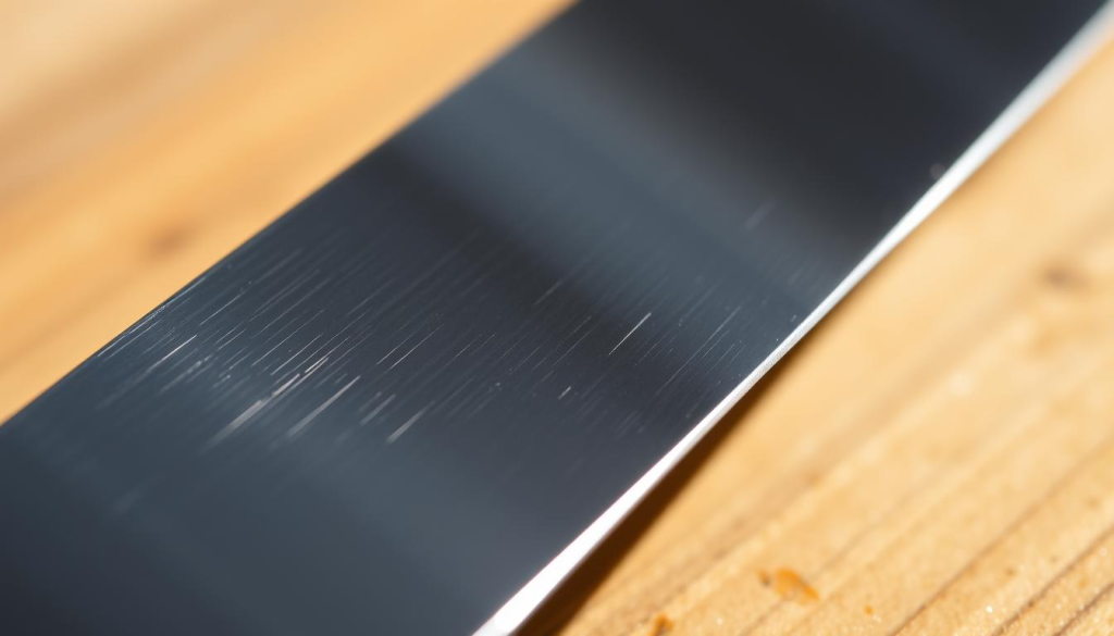 A close-up view of a razor-sharp kitchen knife, its polished steel blade reflecting the light. The edge is meticulously honed, with a keen, precision-ground bevel that glimmers against a subtly blurred background. The image conveys the benefits of a properly sharpened edge - effortless slicing, consistent cuts, and enhanced control for the user. The scene is bathed in warm, natural lighting, creating a sense of quality and craftsmanship. The composition emphasizes the importance of maintaining a well-sharpened blade for optimal culinary performance.