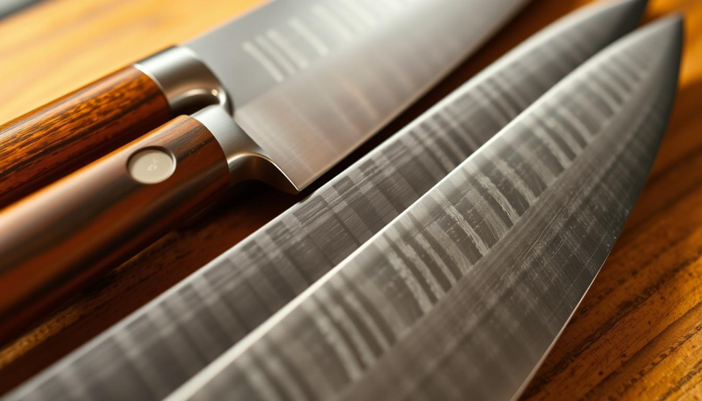 A close-up view of a set of handmade Japanese knives, showcasing their intricate craftsmanship. The blades have a distinctive Tsukiji forge-forged pattern, with a subtle hamon line running through the steel. The handles are crafted from rich, grained wood, polished to a smooth finish. Soft, warm lighting accentuates the unique textures and contours of the knives, creating a sense of precision and artistry. The image is captured at a slightly elevated angle, highlighting the knives' striking profiles and the skilled, time-honored techniques used in their creation.