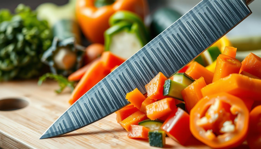 A close-up view of a sharp nakiri knife, its blade gleaming under bright studio lighting, slicing through a variety of freshly washed vegetables such as carrots, zucchini, and bell peppers, arranged in a visually appealing composition on a clean, wooden cutting board. The vegetables are vibrant in color, with their natural textures and shapes clearly visible. The scene is captured from a slightly elevated angle, emphasizing the precision and control of the knife's movements as it effortlessly cuts through the produce, showcasing the versatility and effectiveness of the nakiri knife for preparing a wide range of ingredients.