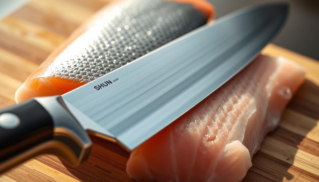 A close-up view of a sharpened Shun chef's knife placed next to a fresh, glistening fish fillet on a wooden cutting board. The knife's blade reflects the natural light, highlighting its razor-sharp edge and the high-quality craftsmanship. The fish's delicate texture and vibrant colors contrast with the knife's sleek, modern design. The scene is bathed in warm, natural lighting, creating a sense of clarity and precision. The composition emphasizes the knife's role as a specialized tool for preparing fish, showcasing its suitability for delicate cuts and filleting tasks.