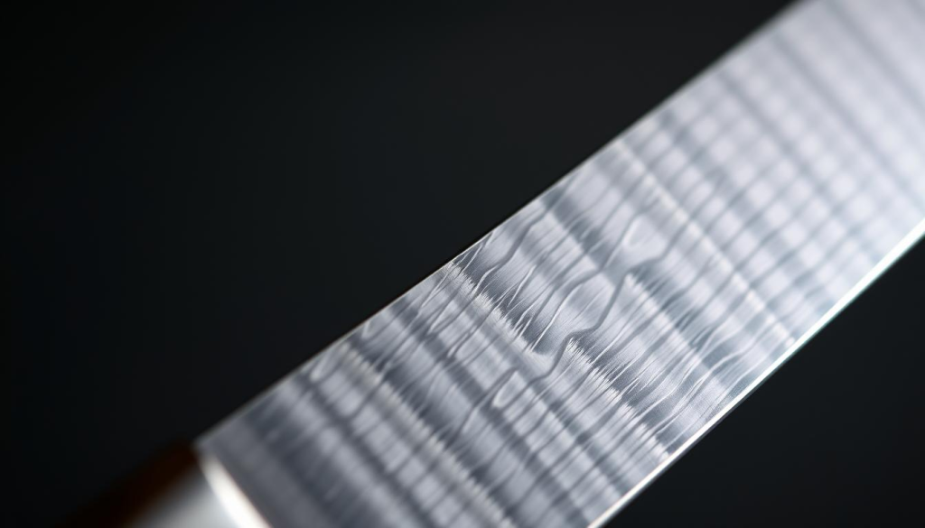 A close-up view of a sleek and razor-sharp Shun Kiritsuke knife blade. The blade is made of layered Damascus steel, showcasing its distinct pattern and reflecting the light in a mesmerizing way. The edge is honed to perfection, gleaming under the soft, even lighting. The blade tapers gracefully from the spine to the tip, creating a distinctive Kiritsuke shape. The handle, likely made of wood or a premium composite material, complements the blade's elegant design. The overall composition emphasizes the blade's precision, durability, and the craftsmanship that goes into creating this versatile culinary tool.