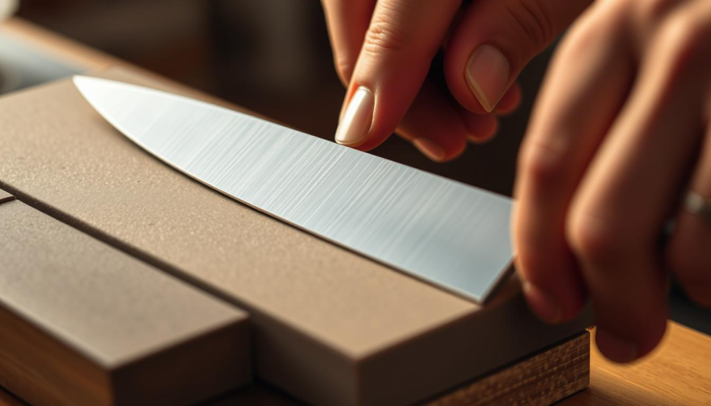 A close-up view of an Aritsugu Santoku knife being sharpened on a whetstone. The blade is held at a precise angle as the user carefully glides it across the stone's surface, the sound of metal on stone creating a soothing rhythm. Warm, soft lighting illuminates the scene, casting gentle shadows and highlights on the knife's polished stainless steel surface. The user's hands are in focus, demonstrating the skilled, delicate movements required to hone the blade to a razor-sharp edge. The background is blurred, directing the viewer's attention solely to the sharpening process and the Aritsugu knife's craftsmanship.