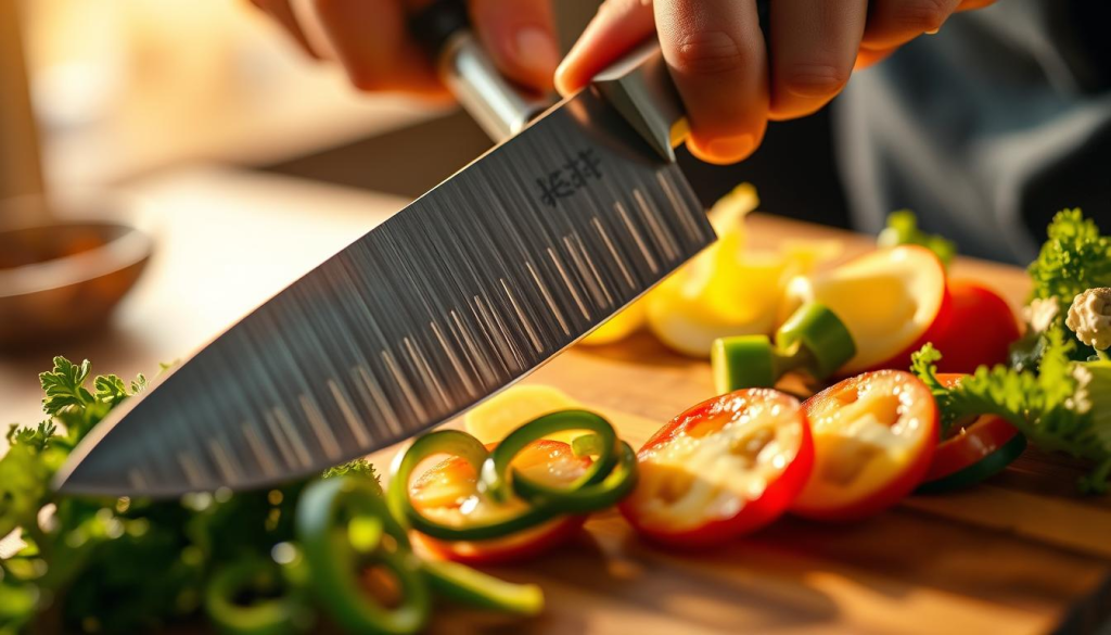 A close-up view of an Aritsugu chef's knife in motion, slicing through fresh vegetables with precision and grace. The blade glimmers under the warm, directional lighting, casting dynamic shadows on the wooden cutting board. The chef's skilled hands guide the knife, showcasing the remarkable craftsmanship and razor-sharp edge of this culinary masterpiece. The background is blurred, keeping the focus on the knife's dynamic performance as it effortlessly cuts through the produce, capturing the essence of the Aritsugu's exceptional cutting abilities.