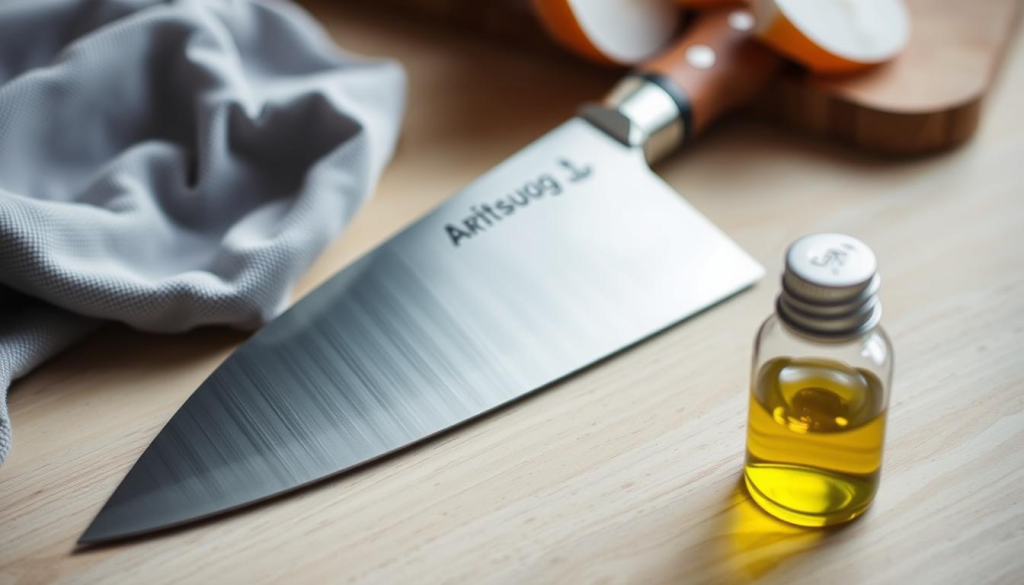 A close-up view of an Aritsugu santoku knife resting on a clean, light wooden surface. The knife's polished stainless steel blade gleams under soft, diffused lighting, highlighting its razor-sharp edge and elegant Japanese design. In the foreground, a soft cotton cloth and a small bottle of honing oil sit nearby, suggesting the care and maintenance required to keep the knife in peak condition. The background is blurred, allowing the knife to be the focal point, conveying a sense of reverence and attention to detail in the process of caring for this high-quality culinary tool.