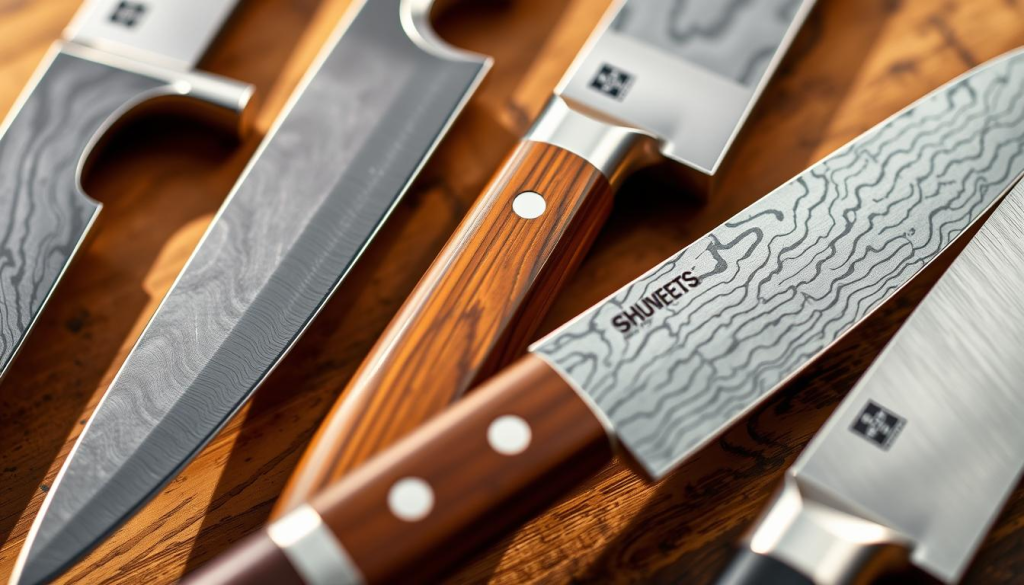 A close-up view of an array of Shun Elite knives, showcasing their unique blade materials. The foreground features the blades, displaying their razor-sharp edges and the intricate Damascus-patterned steel. The middle ground highlights the knife handles, crafted from premium Japanese hardwood, with their ergonomic design and elegant details. The background softly blurs, emphasizing the knives as the focal point. Warm, directional lighting casts subtle shadows, accentuating the blades' contours and the high-quality craftsmanship. The overall scene conveys the precision, durability, and artistry that define the Shun Elite knife collection.