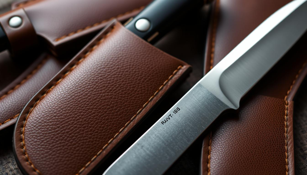 A close-up view of high-quality knife protectors, showcasing their intricate craftsmanship and attention to detail. The sheaths are made from premium leather, meticulously stitched and reinforced to safeguard the blades. The textured surface adds visual interest, while the rich, earthy tones complement the natural aesthetic. Soft, diffused lighting illuminates the sheaths, highlighting their supple texture and sturdy construction. The protectors are arranged in a slightly angled composition, creating a sense of depth and emphasizing their functional purpose. The overall mood is one of quality, durability, and the reverence for the fine craftsmanship that goes into protecting valuable blades.