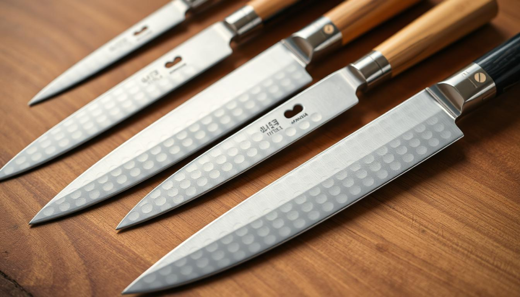 A close-up view of several handcrafted Japanese knives and utensils, arranged neatly on a wooden surface. The blades are made of high-carbon steel, with intricate, hammered patterns that reflect the master craftsmanship. The handles are crafted from natural materials like wood and horn, each one unique in its subtle grain and texture. Soft, warm lighting accentuates the rich, earthy tones of the scene, creating a sense of timeless elegance and precision. The overall composition is balanced and minimalist, allowing the individual details of the cutlery to shine. This image captures the essence of the Aritsugu tradition, where each tool is imbued with the skill and dedication of its maker.
