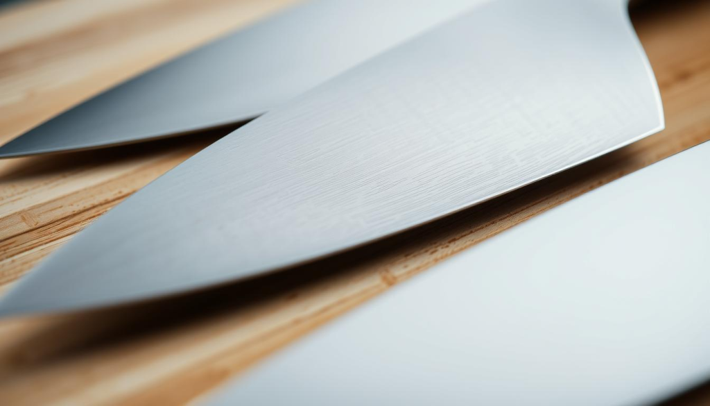 A close-up view of the intricate Aritsugu knife blades, their razor-sharp edges gleaming under bright studio lighting. The blades are nestled atop a neutral-toned wooden surface, highlighting their sleek, minimalist design. The composition showcases the knives' distinct Japanese aesthetic, with their subtle textures and gentle curves. The overall scene exudes a sense of precision, craftsmanship, and the attention to detail that Aritsugu is renowned for. A shallow depth of field blurs the background, keeping the focus squarely on the knives and their exceptional features.
