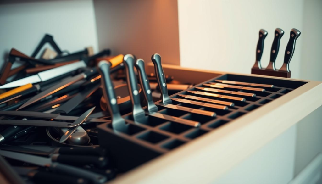 A cluttered kitchen drawer with knives haphazardly scattered, handles facing different directions. In the foreground, a neatly organized knife block, knives aligned with precision, their sharp blades gleaming under warm, directional lighting. In the middle ground, a custom-fit knife organizer tray, with individual slots for each blade, creating a visually appealing and efficient storage solution. The background fades to a soft, neutral tone, allowing the organized knives to be the focal point, conveying a sense of order and control. The overall atmosphere is one of contrast, highlighting the importance of proper knife organization to avoid common mistakes and maintain a safe, well-maintained kitchen.