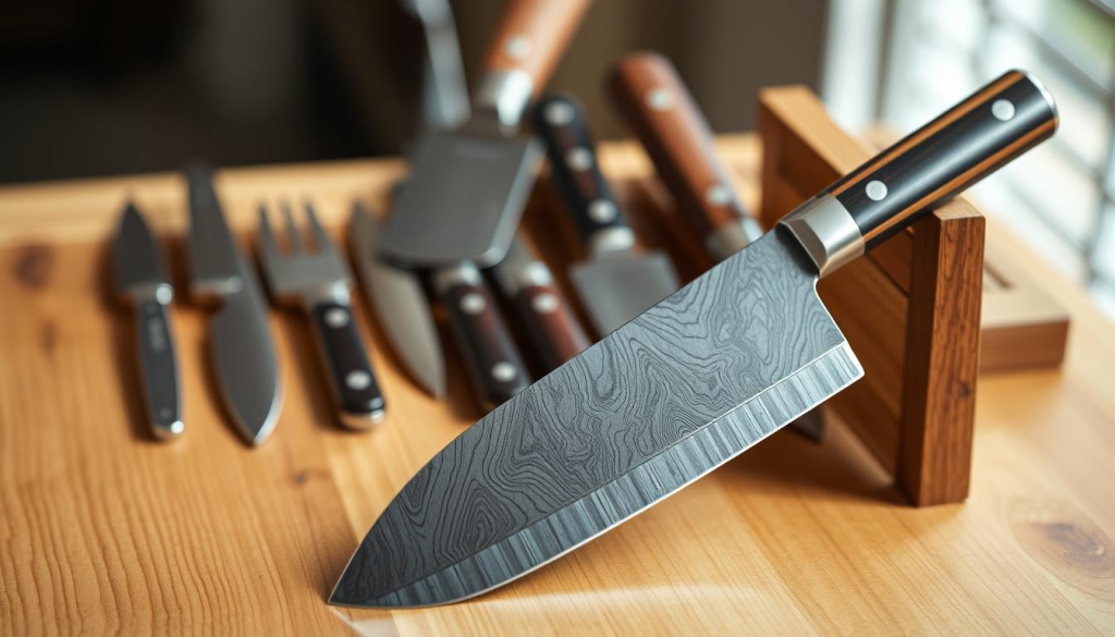 A collection of Aritsugi handcrafted knives, meticulously arranged on a wooden surface. The blades gleam under soft, natural lighting, revealing the intricate Damascus patterns forged into the steel. In the foreground, a santoku and a gyuto knife stand prominently, their handles crafted from premium materials like ebony and mahogany. In the middle ground, a selection of smaller utility and paring knives add depth and variety to the display. The background is blurred, allowing the knives to be the central focus, evoking a sense of reverence for the craftsmanship and precision of these Japanese culinary tools.