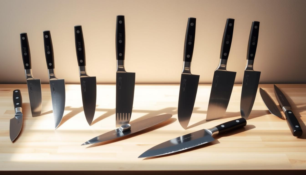 A collection of Shun Elite Japanese-style knives arranged on a clean, minimalist wooden surface. The knives are showcased in a well-lit, studio-style setting, highlighting their sleek, high-quality design. The blades glisten under the soft, natural lighting, casting subtle shadows that accentuate their razor-sharp edges and precision craftsmanship. The knives are carefully positioned to showcase their unique shapes and sizes, allowing the viewer to appreciate the distinct features of each piece in the Shun Elite line. The background is a neutral, uncluttered space, placing the focus entirely on the stunning knives and their superior quality.