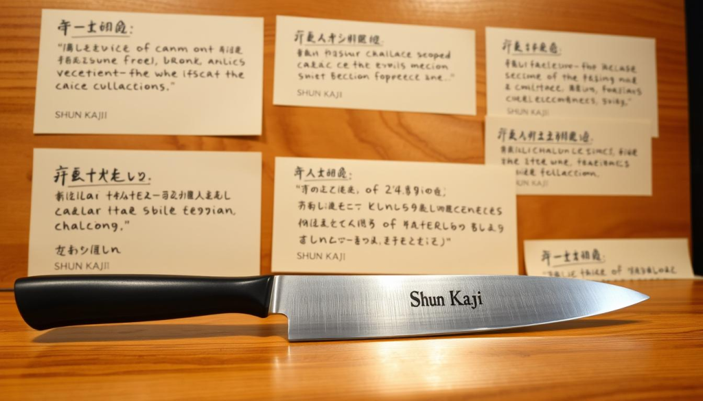A collection of authentic Shun Kaji knife customer reviews displayed on a warm wooden background, with a sense of quality and craftsmanship. The reviews are handwritten in calligraphic Japanese script, conveying the precision and attention to detail of the knives. In the foreground, a single Shun Kaji chef's knife rests on the surface, its sleek black handle and gleaming stainless steel blade reflecting the lighting from above. The overall atmosphere is one of elegance, attention to detail, and the appreciation for fine Japanese culinary tools.