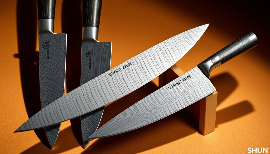A collection of expertly crafted Shun Kagerou knives, showcasing their precision-forged blades and distinctive Damascus steel patterns. The knives are elegantly displayed against a backdrop of warm lighting, casting subtle shadows that accentuate their sleek, minimalist design. The image captures the artisanal attention to detail and the Japanese heritage that defines the Kagerou series, inviting the viewer to appreciate the beauty and functionality of these exceptional culinary tools.