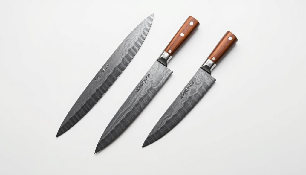 A comparison of Shun Fuji knives, showcased in a clean, minimalist product photography setup. A trio of Shun Fuji knives with their distinctive Damascus steel blades and contoured pakkawood handles, arranged on a smooth white background. Soft, directional lighting illuminates the knives, accentuating their sleek lines and razor-sharp edges. The knives are positioned to highlight their unique features and design elements, allowing a side-by-side evaluation of their quality and craftsmanship. The overall mood is one of refined simplicity, inviting the viewer to closely examine and appreciate the subtle nuances that distinguish these premium Japanese culinary tools.
