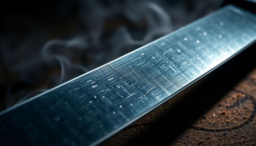 A detailed close-up view of a razor-sharp kitchen knife's edge, gleaming under dramatic lighting. The blade's contours are sharply defined, with intricate textures and reflections. In the background, a hazy, ethereal setting evokes the mythical, mystical qualities associated with the perfect knife edge. The image conveys a sense of precision, power, and the importance of proper knife care and maintenance in culinary excellence.