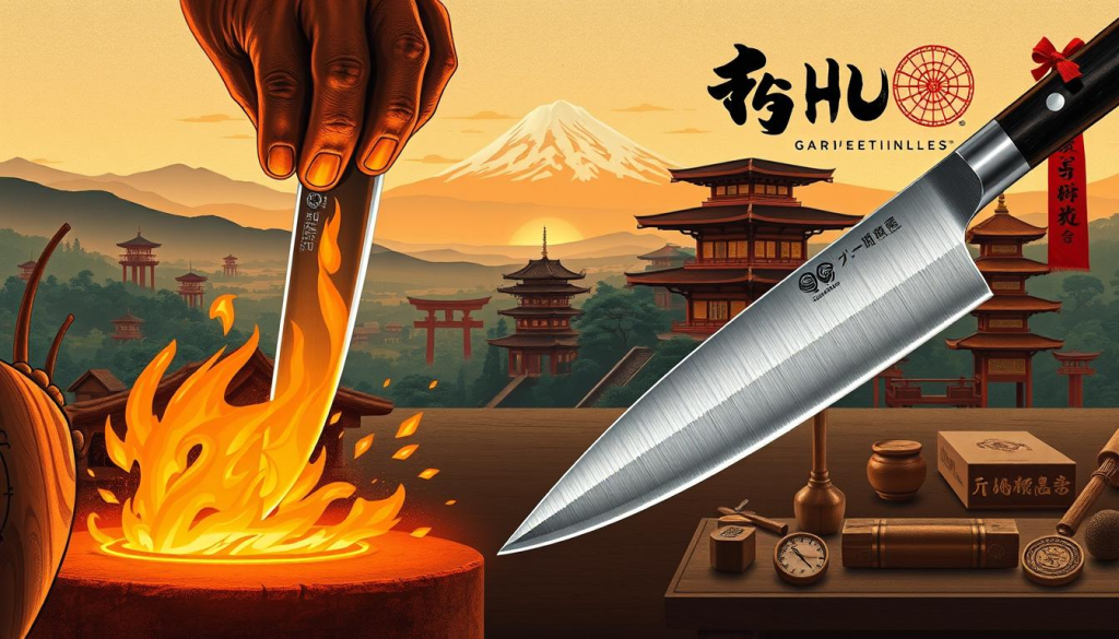 A detailed historical illustration of Shun knives, showcasing their Japanese craftsmanship and centuries-old traditions. In the foreground, a skilled artisan meticulously forges a Shun blade, the glow of the heated metal casting a warm, amber light. In the middle ground, traditional Japanese knifemaking tools and techniques are displayed, such as hammers, whetstones, and the iconic Shun logo. The background depicts a serene Japanese landscape, with rolling hills, pagodas, and the iconic Mount Fuji silhouette, all bathed in a soft, golden hour glow. The scene conveys the rich heritage, meticulous craftsmanship, and timeless elegance that defines the Shun knife legacy.