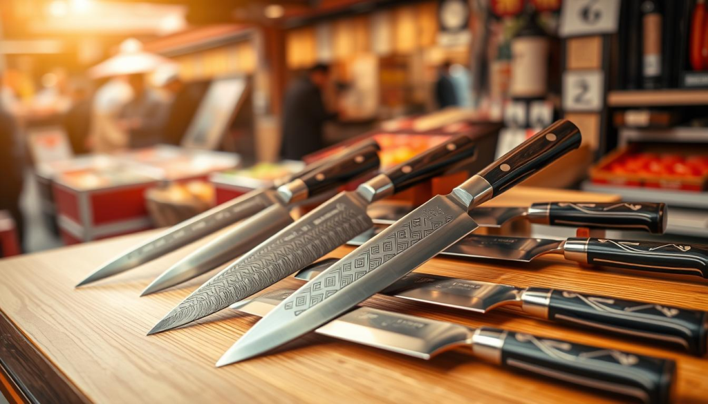 A display of Aritsugu knives arranged neatly on a wooden table, with a warm, natural lighting that highlights the intricate patterns and textures of the blades. The knives are positioned in a visually appealing layout, showcasing their elegant designs and the renowned craftsmanship of the Aritsugu brand. The background is a blurred, out-of-focus view of the iconic Nishiki Market, hinting at the knife's connection to this historic Japanese setting. The overall composition conveys a sense of precision, beauty, and the careful consideration required when choosing the right Aritsugu knife.