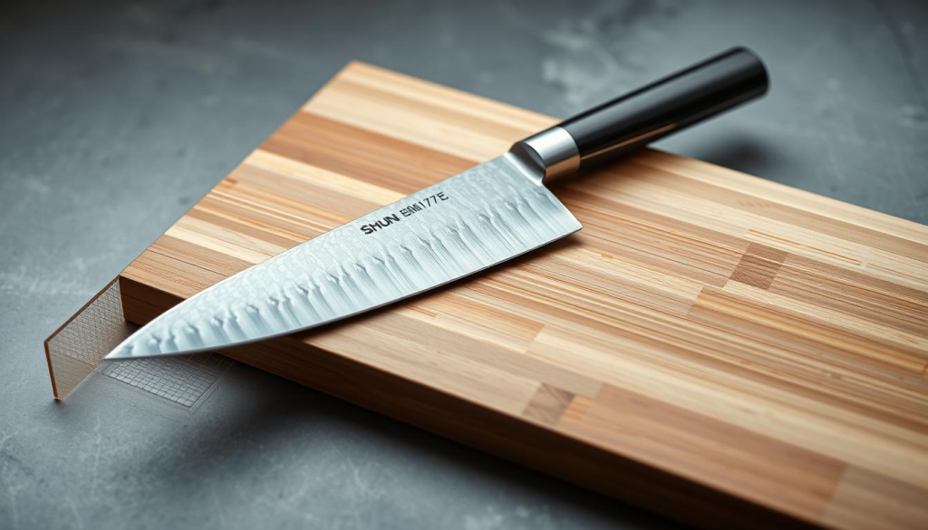 A finely crafted Shun sushi knife rests on a sleek, minimalist wooden cutting board, its razor-sharp blade gleaming under the soft, diffused lighting. The knife's elegant, traditional Japanese design is highlighted, with its distinctive Damascus steel pattern and contoured handle. The scene conveys a sense of precision, craftsmanship, and the importance of using the right tool for the job when preparing delicate sushi. The composition emphasizes the knife as the central focus, inviting the viewer to appreciate its quality and appreciate the care and attention required for mastering sushi preparation.